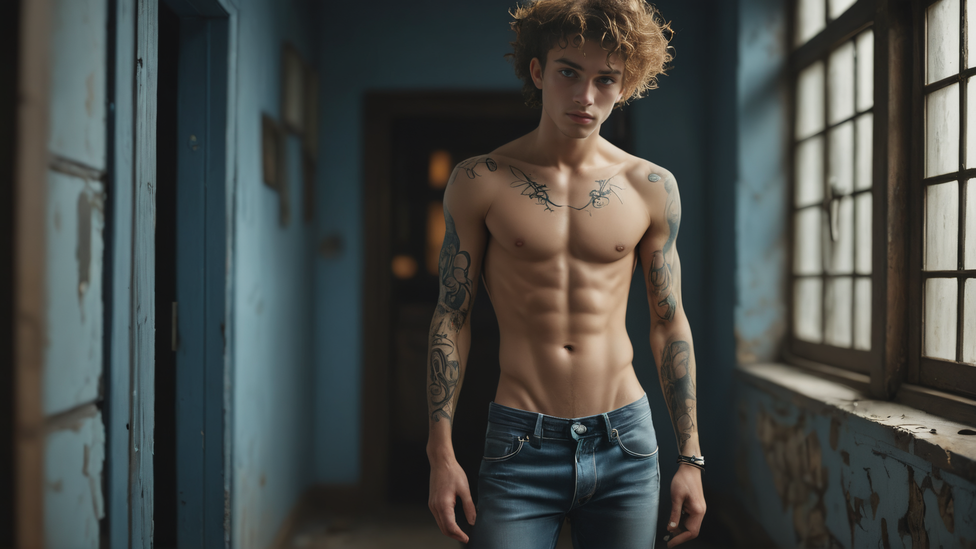 Young Man with Tattoos in Corridor